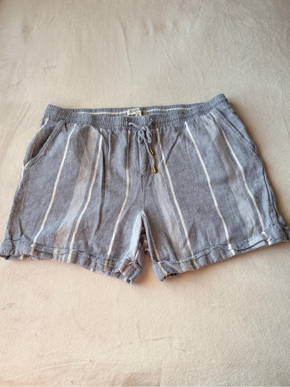 Ellen Tracy Linen Blend Blue and White Striped Elastic Waist Shorts Large
